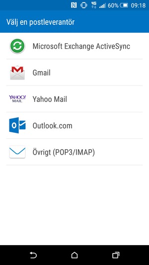 Välj Microsoft Exchange ActiveSync