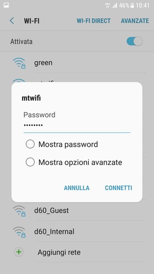 Inserisci la password del Wi-Fi e seleziona CONNETTI