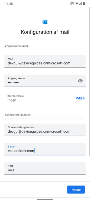 Indtast Brugernavn og Exchange serveradresse. Vælg Næste