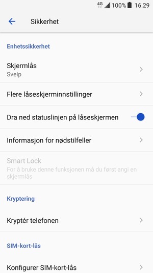 For å aktivere skjermlåsen, gå til Sikkerhet-menyen og velg Skjermlås