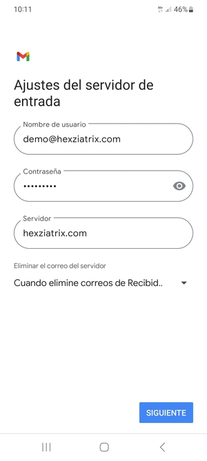Introduzca Nombre de usuario y la dirección de servidor entrante. Seleccione SIGUIENTE