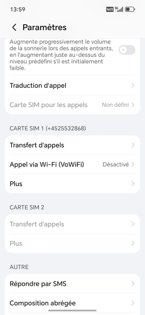 Faites défiler jusqu'à CARTE SIM 1 ou CARTE SIM 2 et sélectionnez Plus