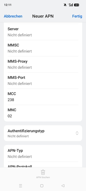 Scrollen Sie nach unten und geben Sie MMS-Informationen ein