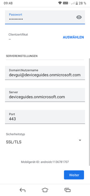 Geben Sie Benutzername und Exchange Server-Adresse ein. Wählen Sie Weiter