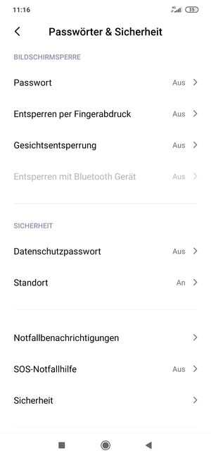 Um Ihre Bildschirmsperre zu aktivieren, gehen Sie zum Passwörter & Sicherheit Menü und wählen Sie  Passwort