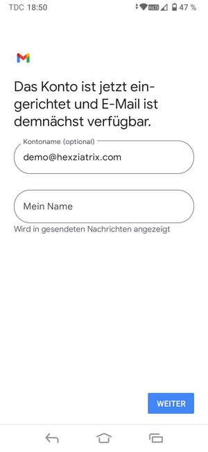 Geben Sie Ihrem Konto einen Namen und geben Sie Ihren Namen ein. Wählen Sie WEITER