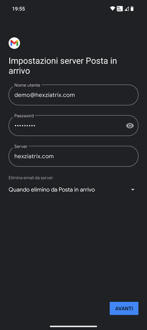 Inserisci Nome utente e l'indirizzo del server di posta in arrivo. Seleziona AVANTI