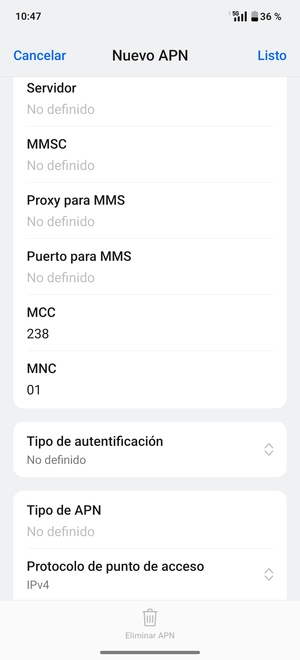 Desplácese hacia abajo e introduzca la información de Internet