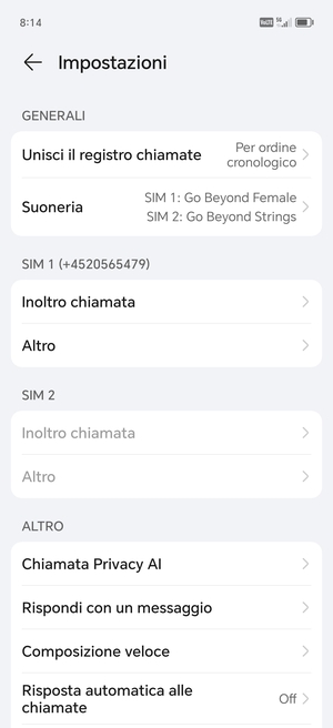Scorri fino a SIM 1 o SIM 2 e seleziona Altro