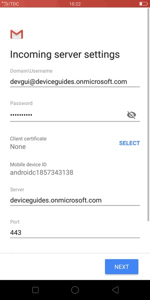 Enter Username and Exchange server address. Select NEXT