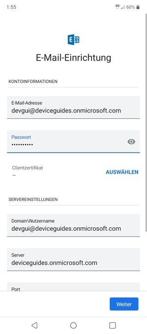 Geben Sie Benutzername und Exchange Server-Adresse ein. Wählen Sie Weiter