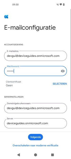 Voer Gebruikersnaam en Exchange serveradres in. Selecteer Volgende