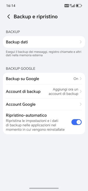 Seleziona Account di backup
