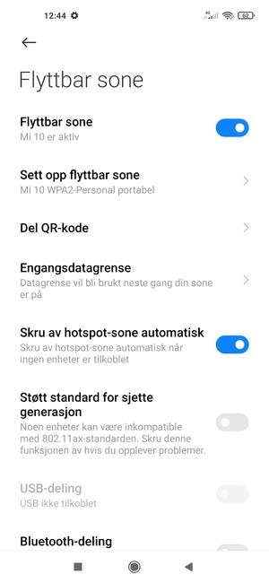 Telefonen din er konfigurert for bruk som et modem