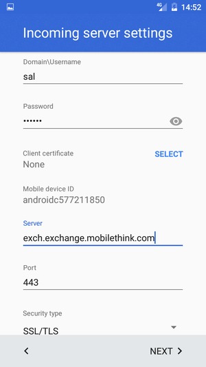 Enter Username and Exchange server address. Select NEXT