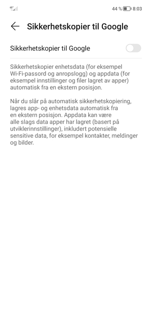Slå på Sikkerhetskopier til Google