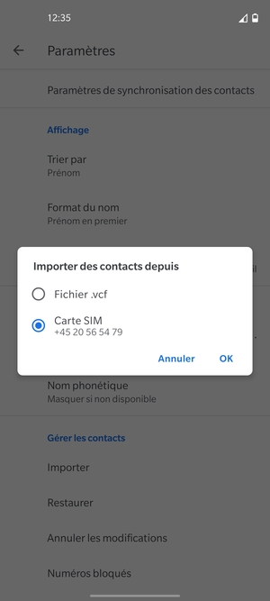 Sélectionnez Carte SIM puis OK