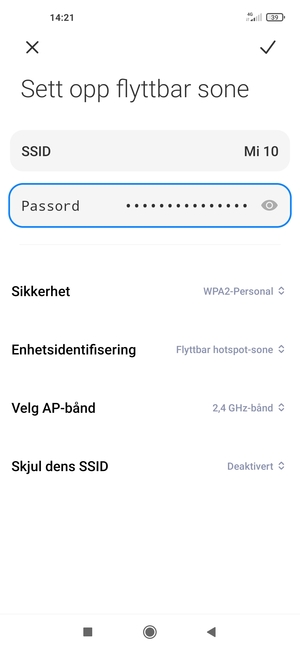 Skriv inn et Wi-Fi hotspot-passord på minst 8 tegn og velg LAGRE