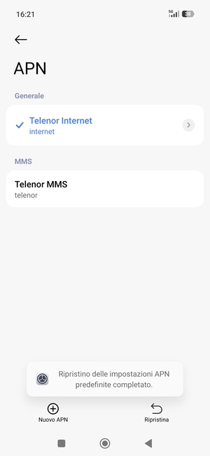 Le impostazioni del tuo telefono saranno ripristinate secondo le impostazioni internet e MMS predefinite