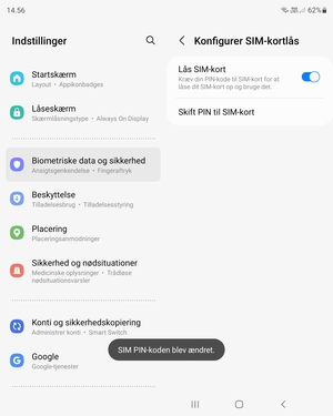 Din PIN-kode til SIM-kort er nu ændret