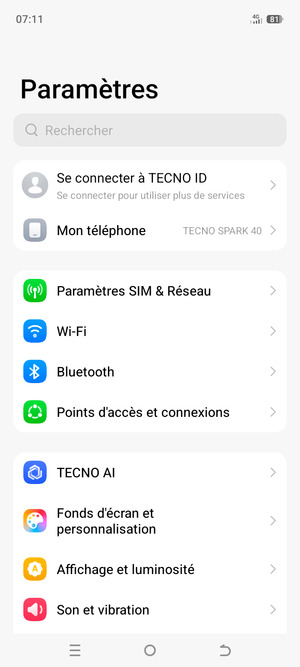 Sélectionnez Paramètres SIM & Réseau