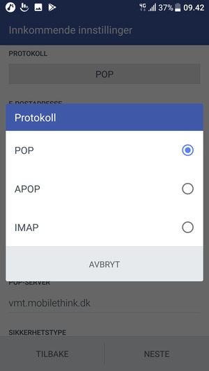 Velg POP eller IMAP