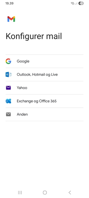 Vælg Exchange og Office 365