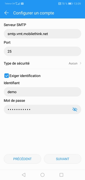 Saisissez l'adresse du serveur sortant