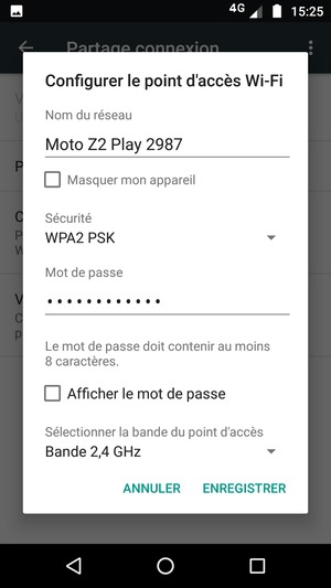Saisissez un mot de passe de hotspot Wi-Fi d'au moins 8 caractères et sélectionnez ENREGISTRER