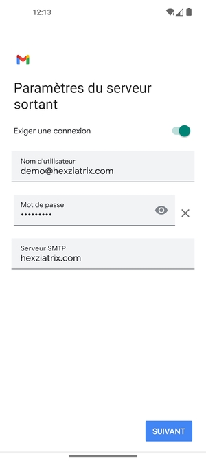 Saisissez l'adresse du serveur sortant et sélectionnez SUIVANT