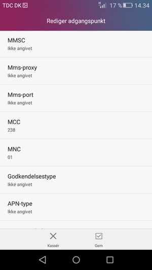 Scroll ned og indtast internet-oplysninger