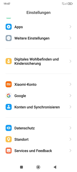 Scrollen Sie und wählen Sie Konten und Synchronisieren
