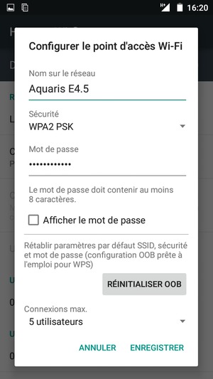 Saisissez un mot de passe de hotspot Wi-Fi d'au moins 8 caractères et sélectionnez ENREGISTRER