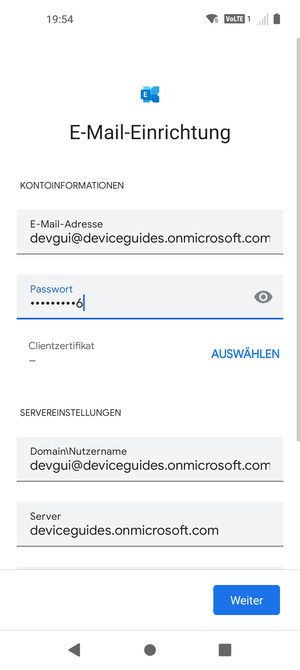 Geben Sie Benutzername und Exchange Server-Adresse ein. Wählen Sie Weiter
