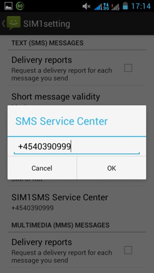 Enter the SMS Service Center number and select OK