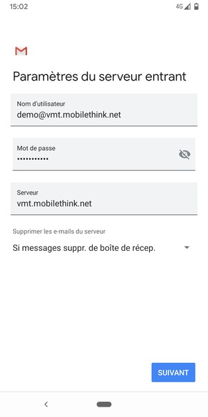 Saisissez votre Nom d'utilisateur et l'adresse du serveur entrant. Sélectionnez SUIVANT