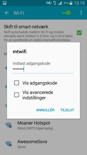 Indtast Wi-Fi adgangskoden og vælg TILSLUT