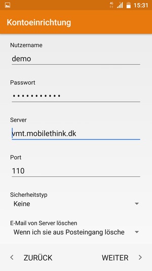 Geben Sie Nutzername und die Server-Adresse für eingehende Post ein. Wählen Sie WEITER