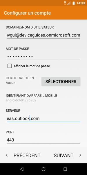 Saisissez votre Nom d'utilisateur et l'adresse du serveur Exchange. Sélectionnez SUIVANT