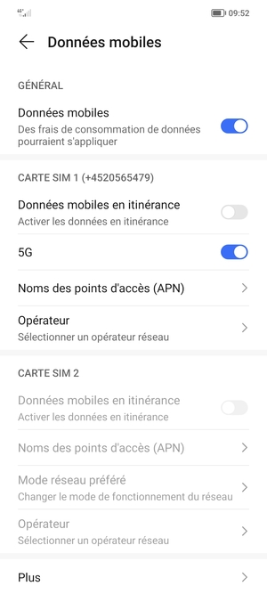 Faites défiler jusqu'à CARTE SIM 1 ou CARTE SIM 2 et sélectionnez Noms des points d'accès (APN)