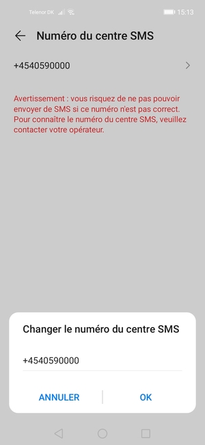 Saisissez le Numéro de centre SMS et sélectionnez OK