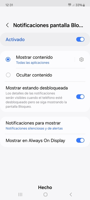 Seleccione la opciones deseada y seleccione Hecho