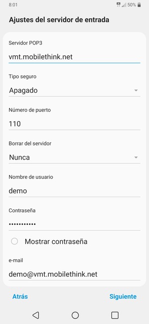 Introduzca dirección del servidor Entrada y Nombre de usuario. Seleccione Siguiente