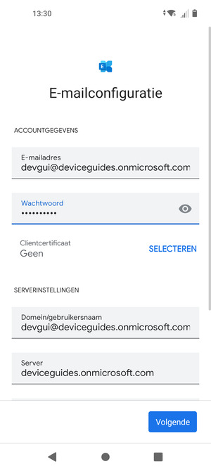 Voer Gebruikersnaam en Exchange serveradres in. Selecteer Volgende