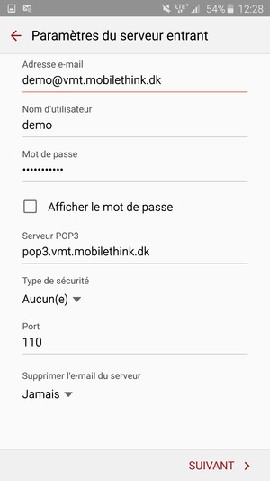 Saisissez votre Nom d'utilisateur et l'adresse du serveur entrant. Sélectionnez SUIVANT