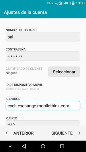 Introduzca Nombre de usuario y la dirección de servidor Exchange. Seleccione SIGUIENTE