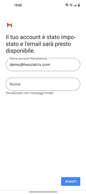 Scegli un nome per il tuo account e inserisci il tuo nome. Seleziona AVANTI