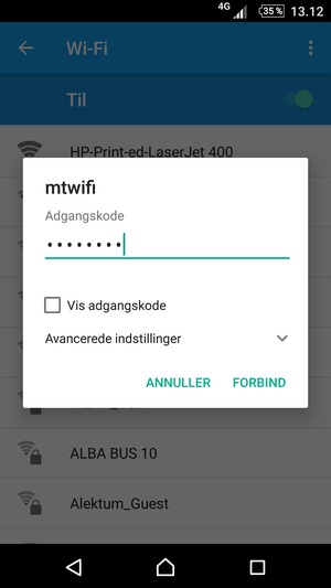 Indtast Wi-Fi adgangskoden og vælg FORBIND