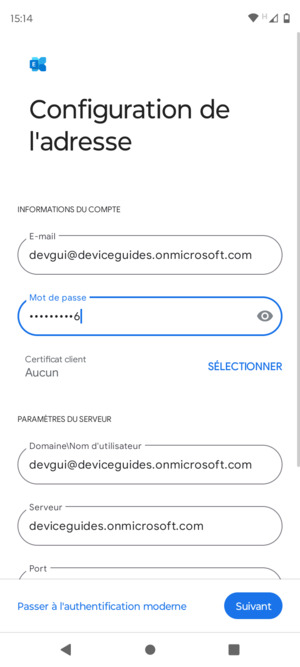 Saisissez votre Nom d'utilisateur et l'adresse du serveur Exchange. Sélectionnez Suivant