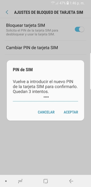 Confirme su nuevo PIN de la tarjeta SIM y seleccione ACEPTAR